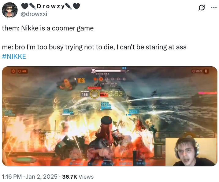 Drowzy @drowxxi them: Nikke is a coomer game me: bro I'm too busy trying not to die, I can't be staring at ass #NIKKE 10096 380 Kraken D.M.T.R. 100000 2B33/475 17 0642.93 . 1:16 PM ⚫ Jan 2, 2025 36.7K Views 00000 0 ma:241