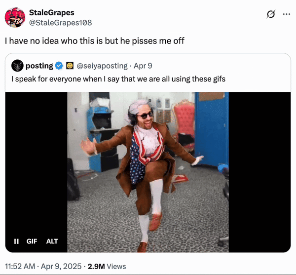 Tweet featuring a GIF of streamer BenJammins replacing "Druski Dancing":https://knowyourmeme.com/memes/druski-dancing with himself, prompting @StaleGrapes108 to write, "i have no idea who this is but he pisses me off."