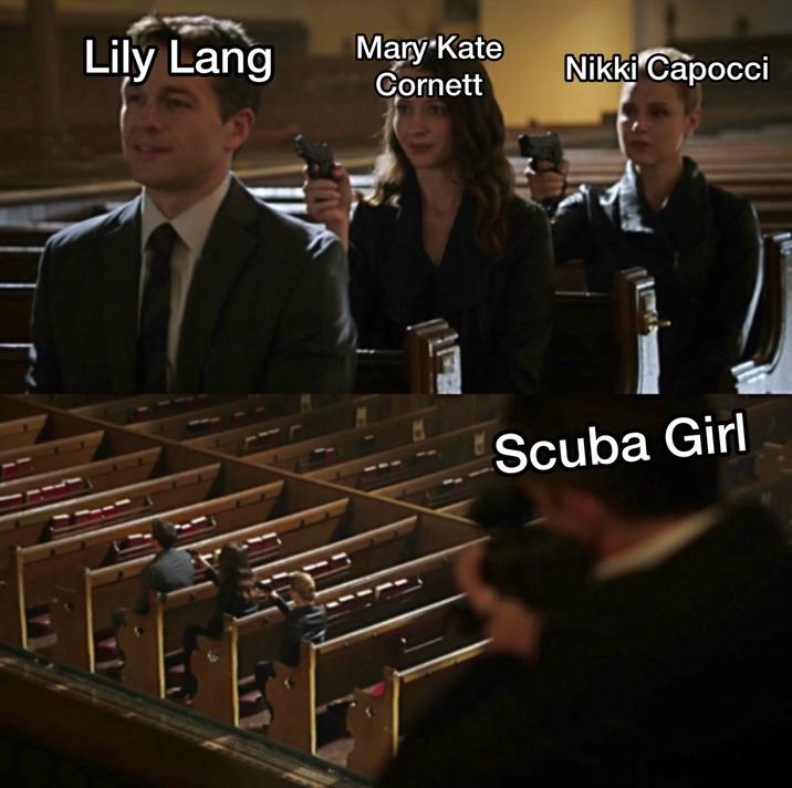 Several internet users part of the "Burnerverse":https://knowyourmeme.com/memes/burnerverse posted memes and jokes about "Scuba Girl" usurping other women previously targeted by the group of anonymous Twitter users. These tweet mentions other targets like "Mary Kate Cornett":https://knowyourmeme.com/memes/events/mary-kate-cornett-and-boyfriends-dad-erik-solis-alleged-cheating-scandal and "Nikki Capocci":https://knowyourmeme.com/memes/miami-sidewalk-video-nikki-capocci-allegations.