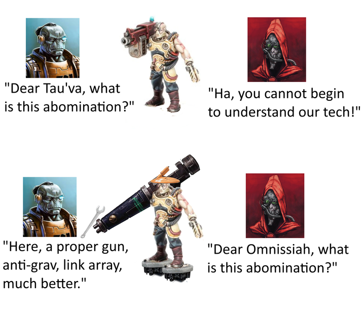 "Dear Tau'va, what is this abomination?" "Ha, you cannot begin to understand our tech!" "Here, a proper gun, anti-grav, link array, much better." "Dear Omnissiah, what is this abomination?"