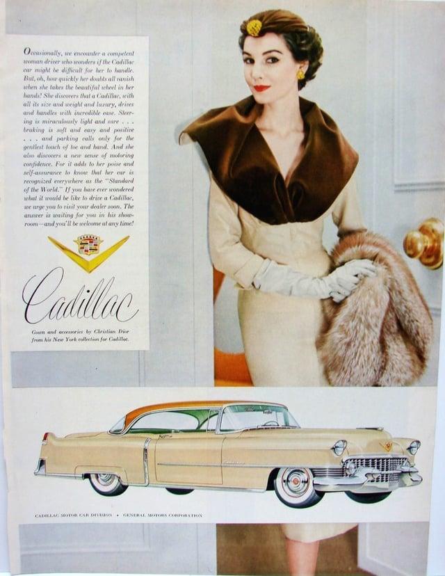 Occasionally, we encounter a competent roman driver who wonders if the Cadillac car might be difficult for her to handle. But, oh, how quickly her doubts all ranish when she takes the beautiful wheel in her hands! She discorers that a Cadillac, with all its size and weight and lazury, drives and handles with incredible cure. Sleer- ing is miraculously light and sure... braking is soft and easy and positive ...and parking calls only for the gentlest touch of toe and hand. And she also discorers a new sense of moloring confidence. For it adds to her poise and self-assurance to know that her car is recognized everywhere as the "Standard of the World." If you have ever wondered what it would be like to drive a Cadillac, are urge you to visit your dealer soon. The answer is waiting for you in his show- room-and you'll be welcome at any time! Cadillac Gorn and accessories by Christian Dior from his New York collection for Cadillac CADILLAC MOTOR CAR DIVISION GENERAL MOTORS CORPORATION