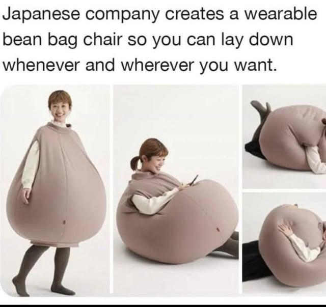 Japanese company creates a wearable bean bag chair so you can lay down whenever and wherever you want.