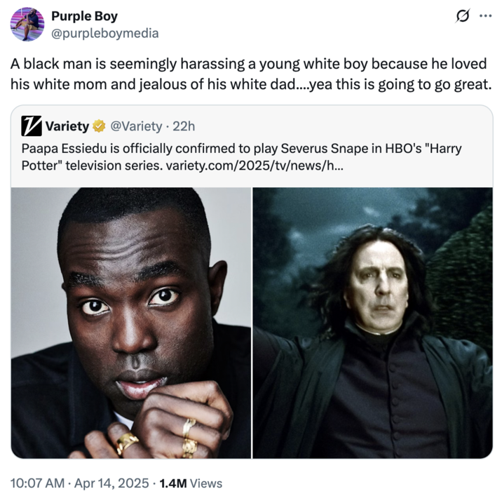 April 14th, 2025 tweet by @purpleboymedia Black British actor Paapa Essiedu's casting as "Severus Snape":https://knowyourmeme.com/memes/severus-snape in HBO's adaptation of the "_Harry Potter_":https://knowyourmeme.com/memes/subcultures/harry-potter series prompted much discourse after it was announced in March 2025. This tweet reads, "A black man is seemingly harassing a young white boy because he loved his white mom and jealous of his white dad....yea this is going to go great."