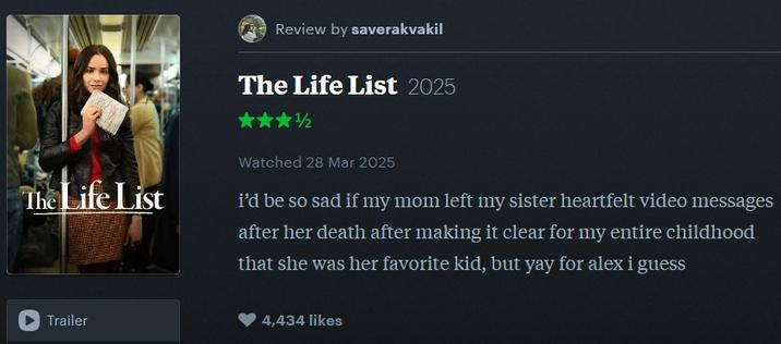 The Life List Review by saverakvakil The Life List 2025 12 Watched 28 Mar 2025 i'd be so sad if my mom left my sister heartfelt video messages after her death after making it clear for my entire childhood that she was her favorite kid, but yay for alex i guess Trailer 4,434 likes