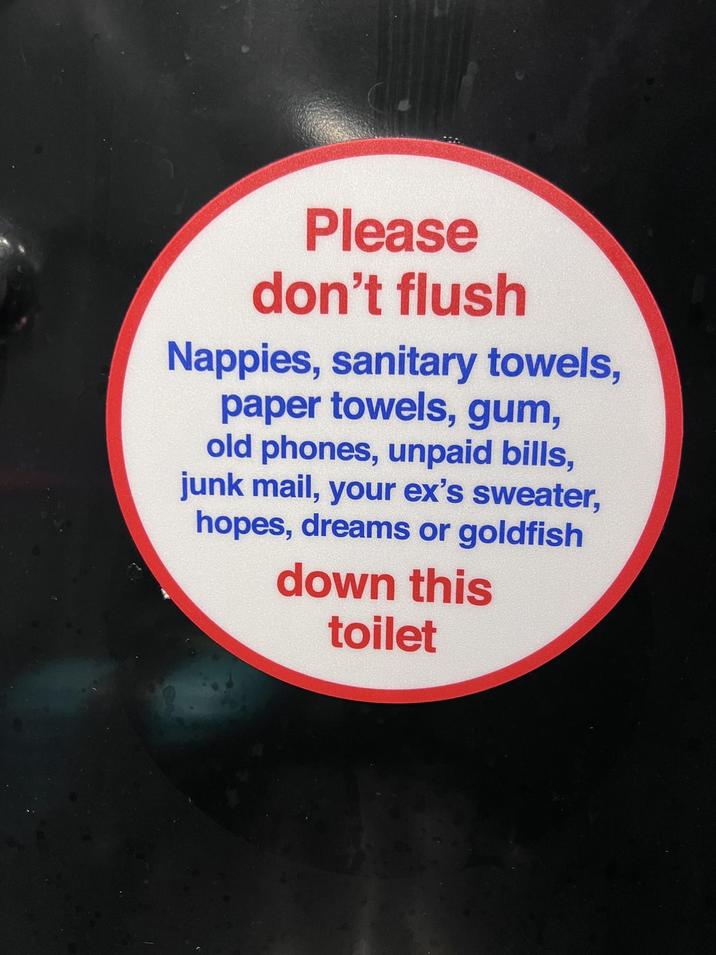 Please don't flush Nappies, sanitary towels, paper towels, gum, old phones, unpaid bills, junk mail, your ex's sweater, hopes, dreams or goldfish down this toilet