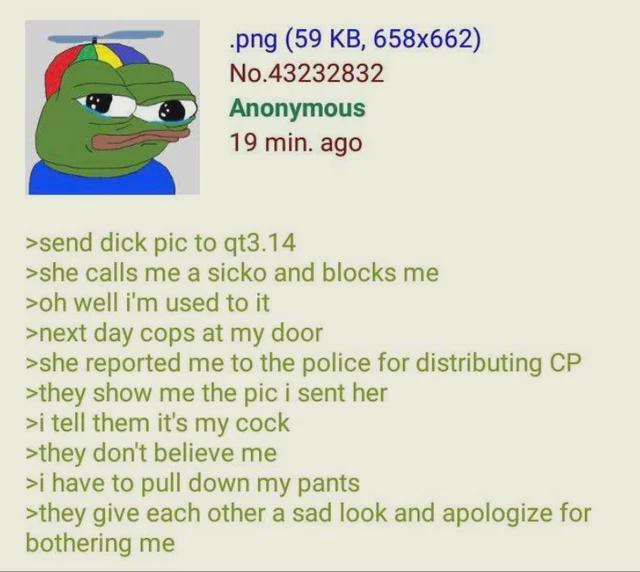 .png (59 KB, 658x662) No.43232832 Anonymous 19 min. ago >send d--- pic to qt3.14 >she calls me a sicko and blocks me >oh well i'm used to it >next day cops at my door >she reported me to the police for distributing CP >they show me the pic i sent her >i tell them it's my c--- >they don't believe me >i have to pull down my pants >they give each other a sad look and apologize for bothering me