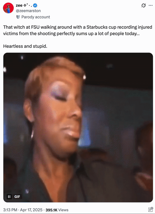 April 17th, 2025 tweet by @zeemarston X user @zeemarston reacts to the "FSU Shooting Starbucks Video," which shows a person recording themselves sipping on a Starbucks coffee while walking past a shooting victim lying down on the ground, clearly injured.