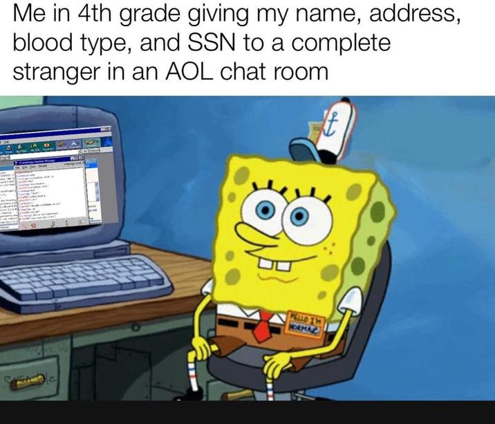 Me in 4th grade giving my name, address, blood type, and SSN to a complete stranger in an AOL chat room D 80 wwwww Cordage In Mag He Li Yale wean-loz MG Vanglaw FRC WELLO IM NORMA