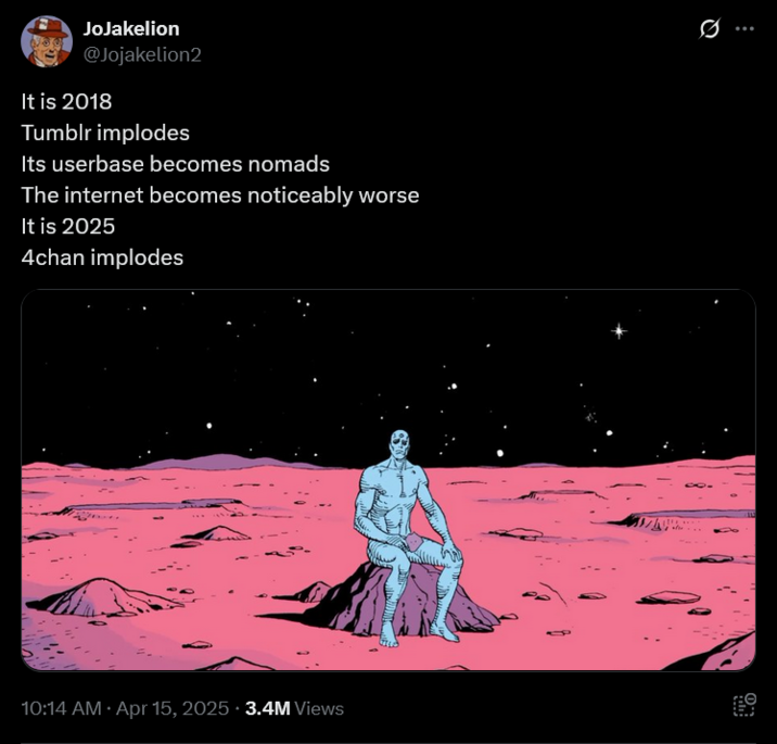 JoJakelion @Jojakelion2 It is 2018 Tumblr implodes Its userbase becomes nomads The internet becomes noticeably worse It is 2025 4chan implodes • 10:14 AM Apr 15, 2025 3.4M Views ...