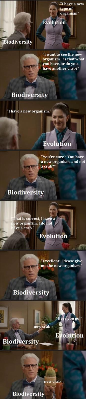 "I have a new Aype of organism" Evolution Biodiversity "I want to see the new organism... is that what you have, or do you have another crab?" Biodiversity "I have a new organism." Evolution "You're sure? You have a new organism, and not a crab?" Biodiversity "That is correct, I have a new organism, I do not have a crab." Evolution "Excellent! Please give me the new organism." Biodiversity new crab Biodiversity Biodiversity "Here you go!" Evolution new crab