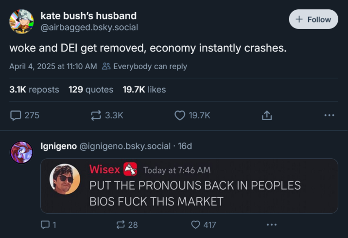 kate bush's husband @airbagged.bsky.social woke and DEI get removed, economy instantly crashes. April 4, 2025 at 11:10 AM Everybody can reply 3.1K reposts 129 quotes 19.7K likes 275 3.3K + Follow 19.7K ... Ignigeno @ignigeno.bsky.social . 16d Wisex Today at 7:46 AM PUT THE PRONOUNS BACK IN PEOPLES BIOS F--- THIS MARKET Q1 28 417