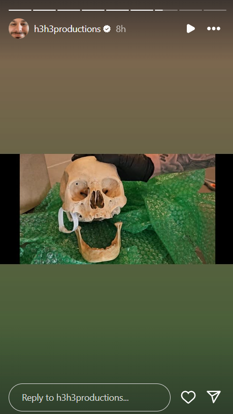 Image of a human skull sent to Ethan Klein of H3 in his mail. Taken from his Instagram story.