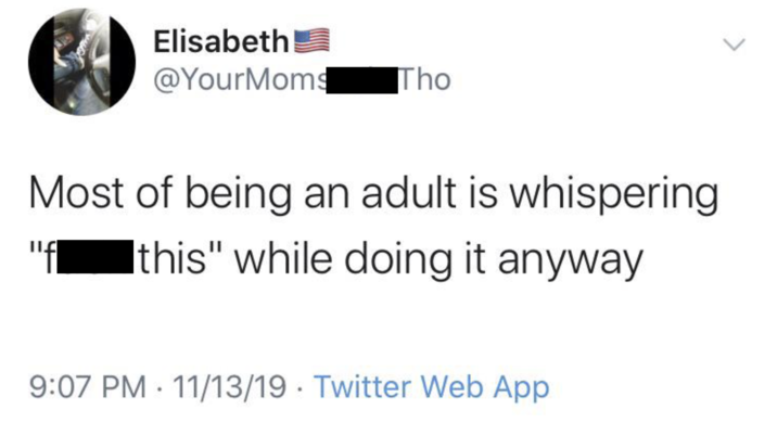 Elisabeth @YourMoms Tho Most of being an adult is whispering this" while doing it anyway 9:07 PM 11/13/19 Twitter Web App