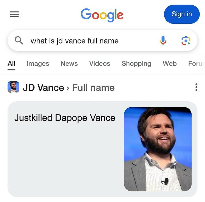 Google Sign in Qwhat is jd vance full name All Images News Videos Shopping Web Forum JD Vance > Full name Justkilled Dapope Vance