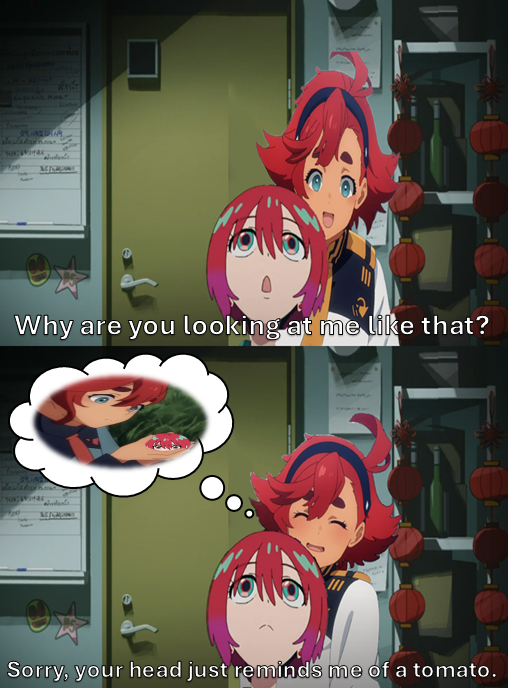 Why are you looking at me like that? Sorry, your head just reminds me of a tomato.