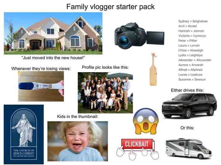 Family vlogger starter pack "Just moved into the new house!" Whenever they're losing views: Profile pic looks like this: THE CHURCH OF JESUS CHRIST OF LATTER-DAY SAINTS Kids in the thumbnail: CLICKBAIT Sydney = Seighdnee Avril = Avreel Hannah = Jannah Victoria = Vyctorya Peter = Pitter Laura = Lorrah Chloe = Kloweigh Lydia = Leighdya Alexander Alicsunder Aurora = Aroarah Alfred = Allphred Lucas = Lookuss Susanne = Sewsun Either drives this: Or this: