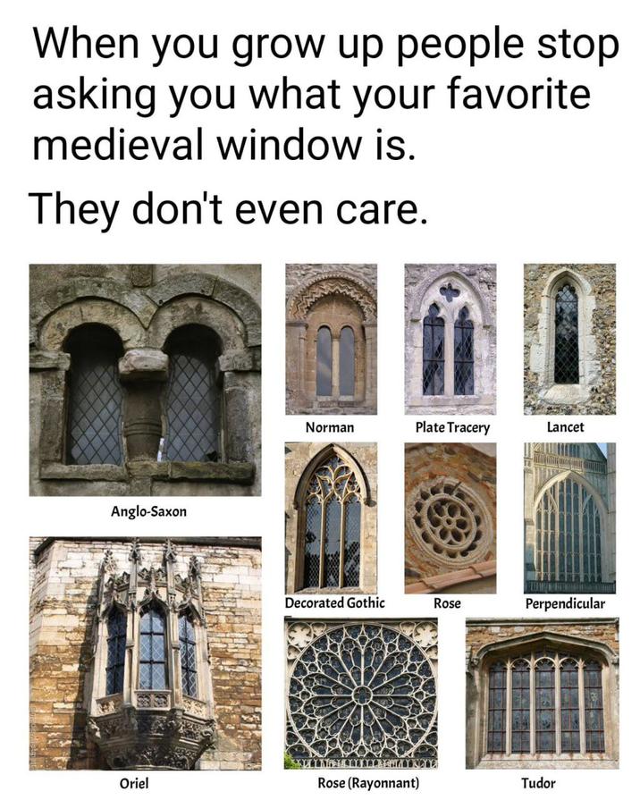 When you grow up people stop asking you what your favorite medieval window is. They don't even care. Anglo-Saxon Norman Plate Tracery Lancet Decorated Gothic Rose Perpendicular Oriel THELLDERLY KEYE Rose (Rayonnant) Tudor