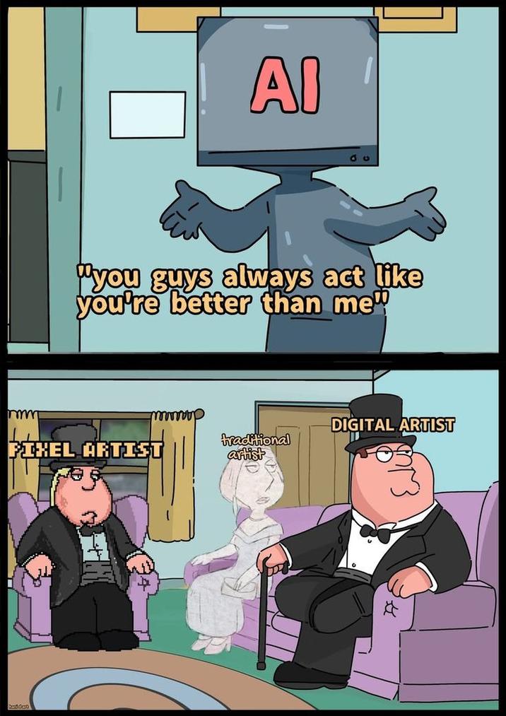 when you listen to them it's like being a "source" who drinks without being paid and you can't criticize their lack of ethical faith and their condescending speech when they say they are "artists" who will never be in their life because their "work" is pure theft via bots they are idiots who can barely read, write and draw
AI image generator user, you are NOT AN ARTIST

 !https://i.kym-cdn.com/photos/images/newsfeed/003/046/936/fd9!