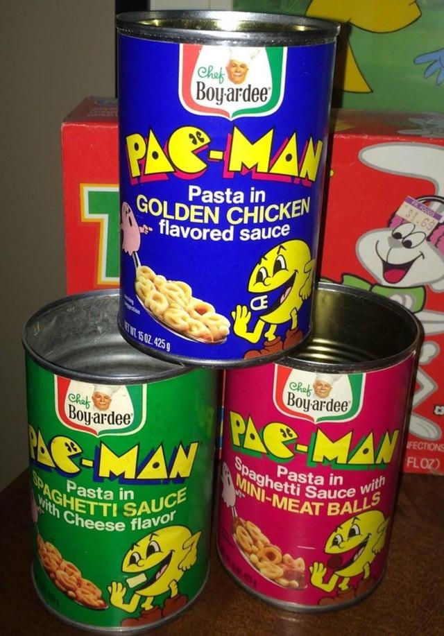 Chef Boyardee PAC-MAN Pasta in GOLDEN CHICKEN -flavored sauce T FTW 15 02.4259 a $1.69 Chef Boyardee AE-MAN SPAG SAUCE Pasta in With Cheese flavor Chef Boyardee PAC-MAN Pasta in Spaghetti Sauce with MINI-MEAT C FECTIONS FLOZ)