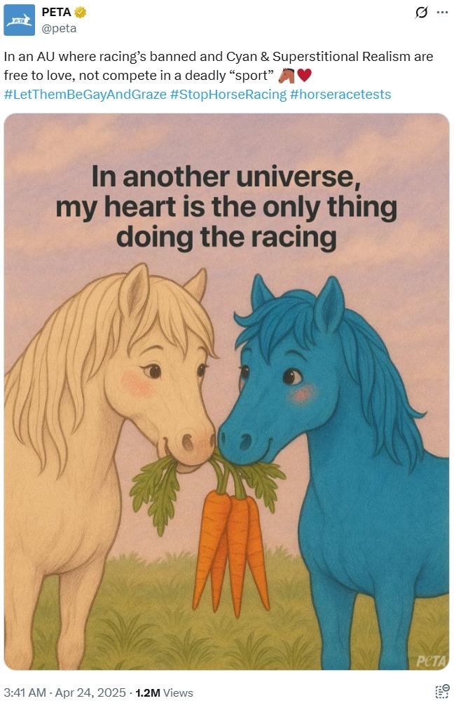 PETA → @peta 0 In an AU where racing's banned and Cyan & Superstitional Realism are free to love, not compete in a deadly "sport" #LetThemBeGayAndGraze #StopHorse Racing #horseracetests In another universe, my heart is the only thing doing the racing ... PETA 3:41 AM - Apr 24, 2025 -1.2M Views