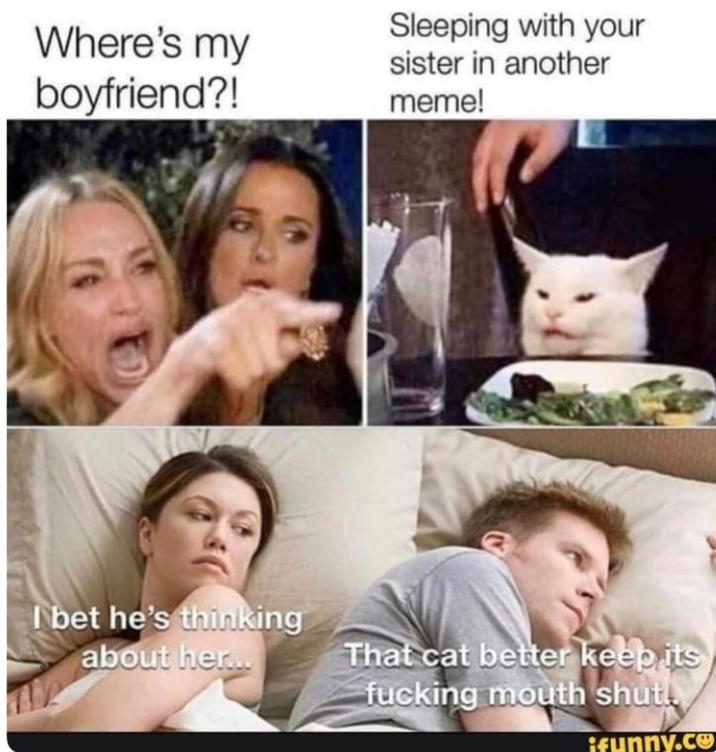 Where's my boyfriend?! Sleeping with your sister in another meme! I bet he's thinking about her... That cat better keep its f------ mouth shutt funny.co