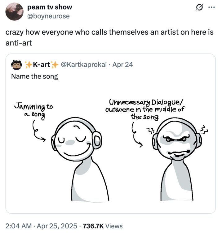 crazy how everyone who calls themselves an artist on here is anti-art A "quote tweet":https://knowyourmeme.com/memes/quote-retweets-qrts mocking the Jamming to a Song "webcomic":https://knowyourmeme.com/memes/cultures/webcomics for being "Blobslop":https://knowyourmeme.com/memes/subcultures/blobslop.