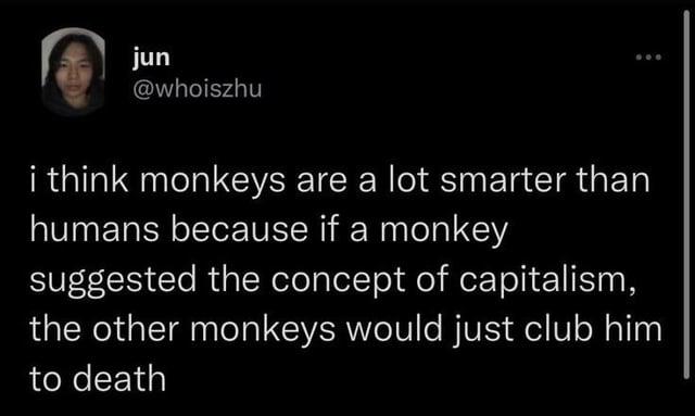 jun @whoiszhu i think monkeys are a lot smarter than humans because if a monkey suggested the concept of capitalism, the other monkeys would just club him to death
