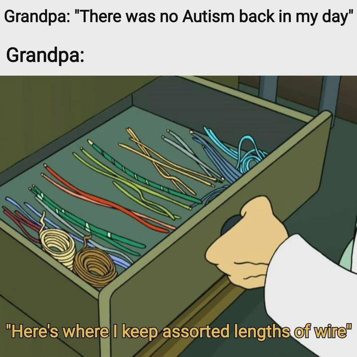 Grandpa: "There was no Autism back in my day" Grandpa: "Here's where I keep assorted lengths of wire"