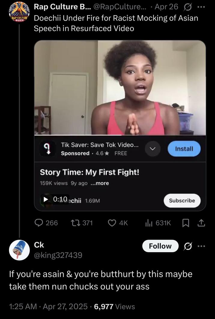A "tweet":https://knowyourmeme.com/memes/sites/twitter-x about singer-songwriter Doechii for seemingly doing an Asian voice in an old "YouTube":https://knowyourmeme.com/memes/sites/YouTube video.