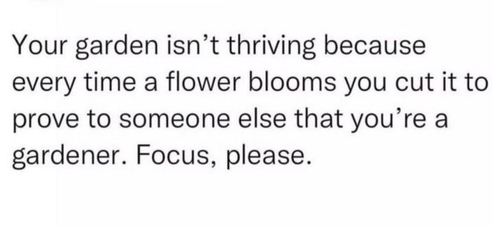 Your garden isn't thriving because every time a flower blooms you cut it to prove to someone else that you're a gardener. Focus, please.