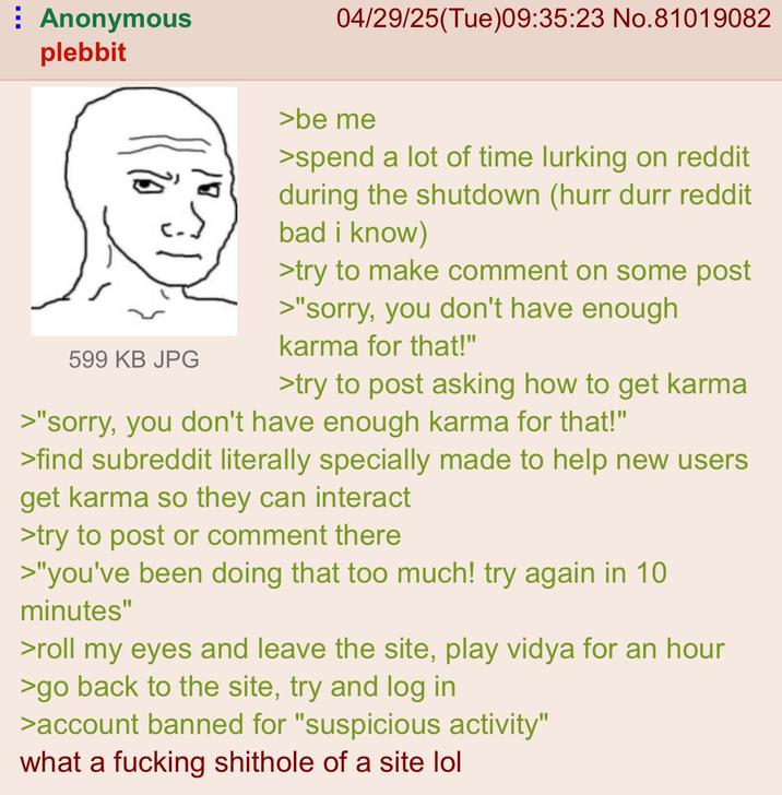 Anonymous plebbit 04/29/25(Tue)09:35:23 No.81019082 599 KB JPG >be me >spend a lot of time lurking on reddit during the shutdown (hurr durr reddit bad i know) >try to make comment on some post >"sorry, you don't have enough karma for that!" >try to post asking how to get karma >"sorry, you don't have enough karma for that!" >find subreddit literally specially made to help new users get karma so they can interact >try to post or comment there >"you've been doing that too much! try again in 10 minutes" >roll my eyes and leave the site, play vidya for an hour >go back to the site, try and log in >account banned for "suspicious activity" what a f------ s------- of a site lol