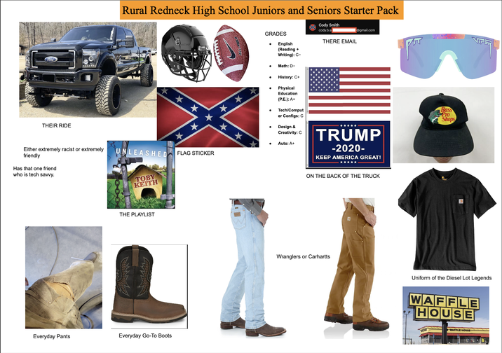 Ford THEIR RIDE Either extremely racist or extremely friendly Has that one friend who is tech savvy. Rural Redneck High School Juniors and Seniors Starter Pack GRADES Cody Smith cody.b.s THERE EMAIL @gmail.com ***** English (Reading + Writing): C- • Math: D- History: C+ Physical Education (P.E.): A+ Tech/Comput er Configs: C Design & Creativity: C Auto: A+ UNLEASHED FLAG STICKER TOBY KEITH THE PLAYLIST Everyday Pants Everyday Go-To Boots TRUMP -2020- KEEP AMERICA GREAT! ON THE BACK OF THE TRUCK Wranglers or Carhartts Bass Pro Shops VITET Uniform of the Diesel Lot Legends WAFFLE HOUSE WAFFLE HOUSE