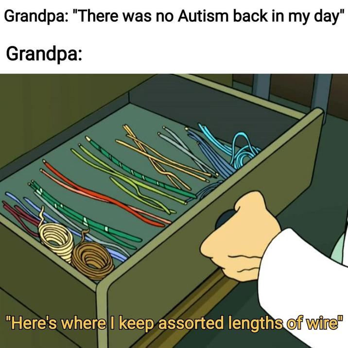 Grandpa: "There was no Autism back in my day" Grandpa: "Here's where I keep assorted lengths of wire"