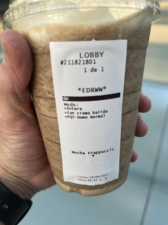 LOBBY #211821801 1 de 1 GD Mods: *EDRWW* +Entera +Con crema batida +PQT-Domo Normal Mocha Frappuccin Fecha: 28/04/2025 Hora: 06:02 p. m.