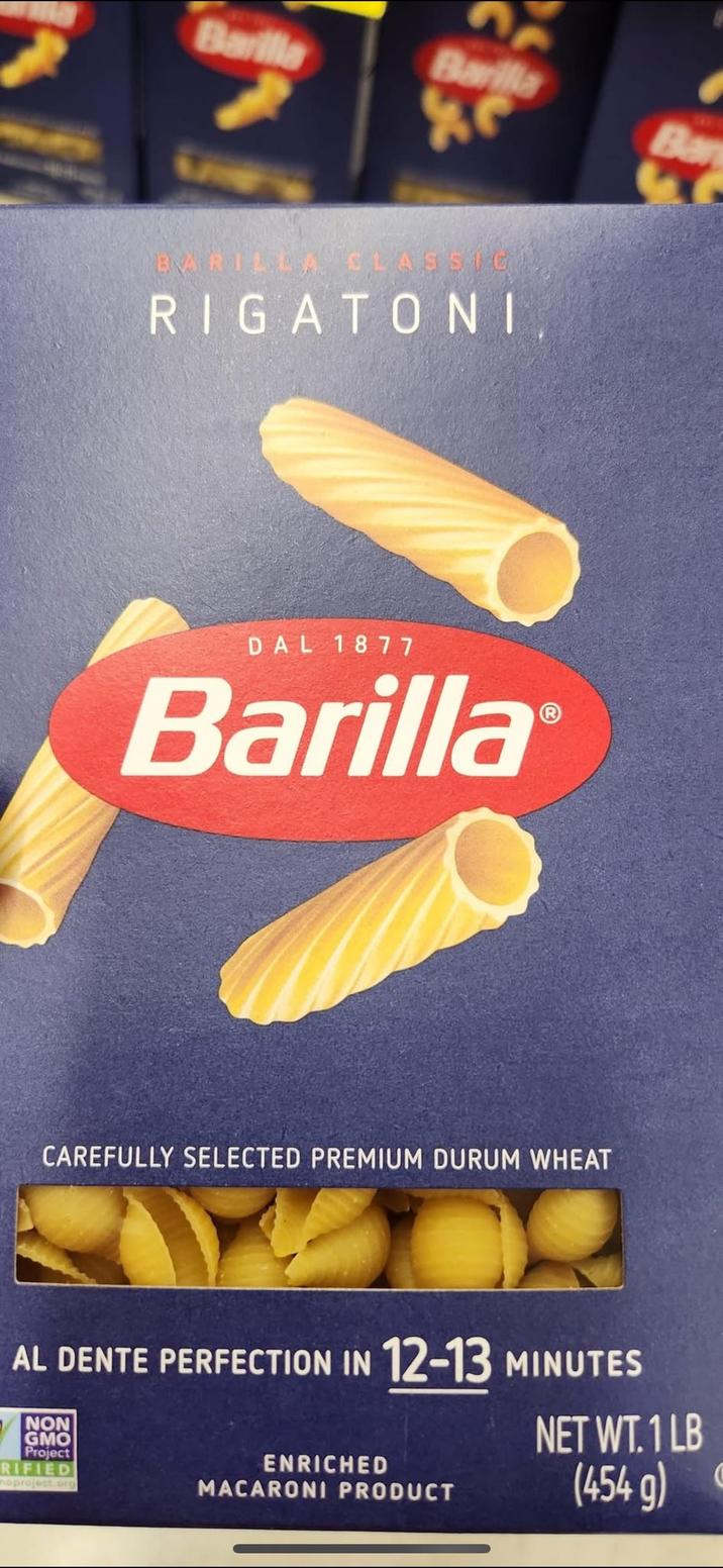 Barilla Barilla Ba BARILLA CLASSIC RIGATONI DAL 1877 Barilla CAREFULLY SELECTED PREMIUM DURUM WHEAT AL DENTE PERFECTION IN 12-13 MINUTES NON GMO Project RIFIED moproject.org NET WT. 1 LB ENRICHED MACARONI PRODUCT (454 g)
