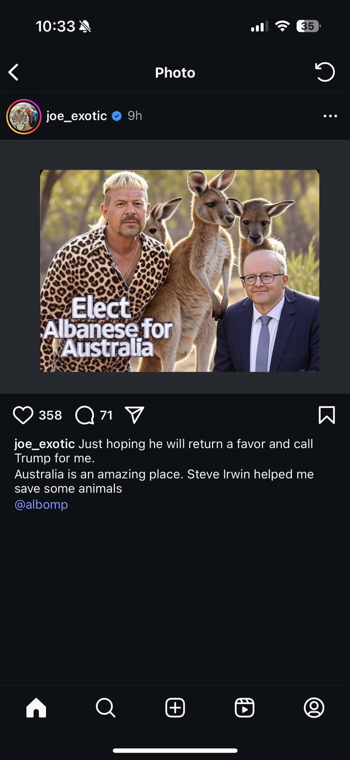 - < 10:33 A joe_exotic 9h Elect Albanese for Australia Photo 358 71 ▼ joe_exotic Just hoping he will return a favor and call Trump for me. Australia is an amazing place. Steve Irwin helped me save some animals @albomp Q (+) Σ 35 ว