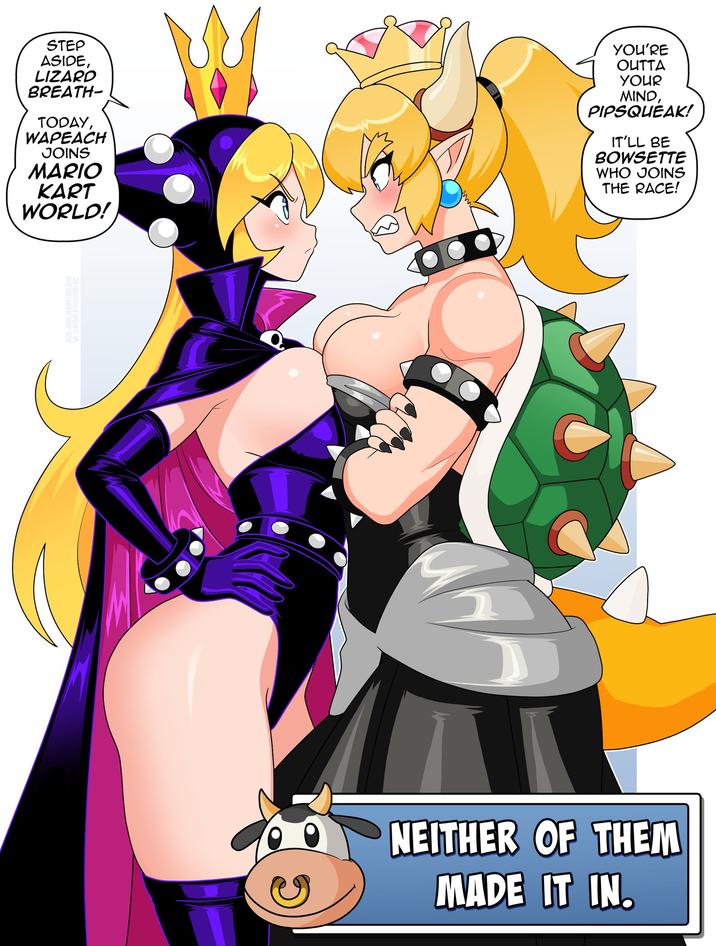 STEP ASIDE, LIZARD BREATH- TODAY, WAPEACH JOINS MARIO KART WORLD! YOU'RE OUTTA YOUR MIND, PIPSQUEAK! IT'LL BE BOWSETTE WHO JOINS THE RACE! NEITHER OF THEM MADE IT IN.