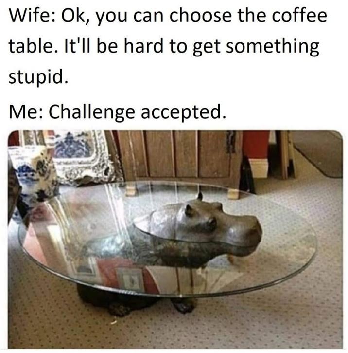 Wife: Ok, you can choose the coffee table. It'll be hard to get something stupid. Me: Challenge accepted.