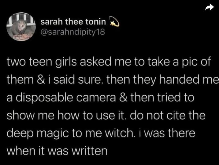 sarah thee tonin @sarahndipity18 two teen girls asked me to take a pic of them & i said sure. then they handed me a disposable camera & then tried to show me how to use it. do not cite the deep magic to me witch. i was there when it was written