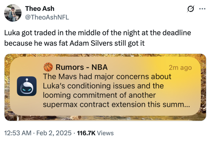 A "tweet":https://knowyourmeme.com/memes/sites/twitter-x about Luka Doncic taking the Dallas Mavericks to the "NBA":https://knowyourmeme.com/memes/cultures/basketball Finals despite being "fat" as what was said in his "trade to the LA Lakers":https://knowyourmeme.com/memes/events/luka-doncic-trade.