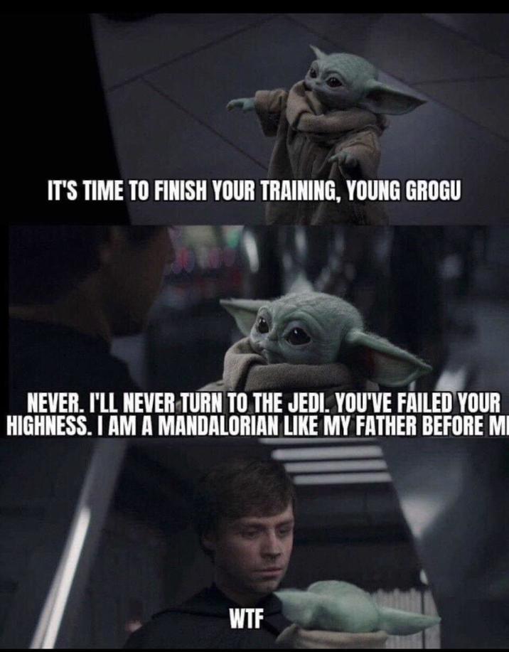 IT'S TIME TO FINISH YOUR TRAINING, YOUNG GROGU NEVER. I'LL NEVER TURN TO THE JEDI. YOU'VE FAILED YOUR HIGHNESS. I AM A MANDALORIAN LIKE MY FATHER BEFORE MI W--