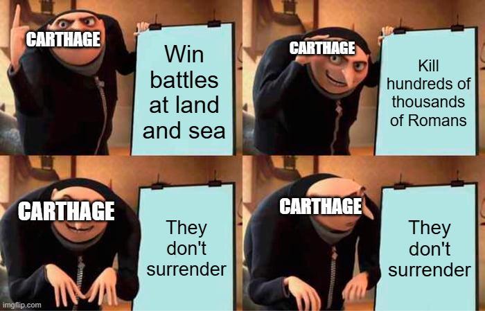 CARTHAGE Win battles at land and sea CARTHAGE Kill hundreds of thousands of Romans CARTHAGE CARTHAGE They They don't surrender don't surrender imgflip.com