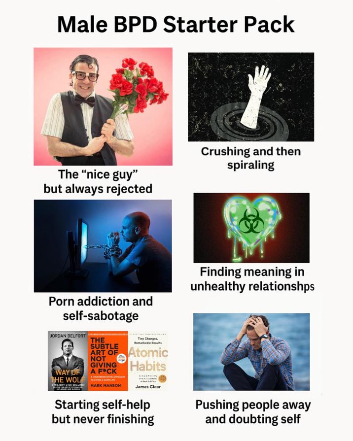 Male BPD Starter Pack The "nice guy" but always rejected Crushing and then spiraling & P--- addiction and self-sabotage JORDAN BELFORT THE SUBTLE ART OF NOT GIVING WAY OF A F*CK THE WOLF STRAIGHT LINE SELLING: MASTER THE ART OF PERSUASION, INFLUENCE, AND SUCCESS A COUNTERINTUITIVE APPROACH TO LIVING A GOOD LIFE MARK MANSON Tiny Changes, Remarkable Results Atomic Habits Buy to Helised Hat & Brak Bul Ca Way James Clear Starting self-help but never finishing Finding meaning in unhealthy relationshps Pushing people away and doubting self