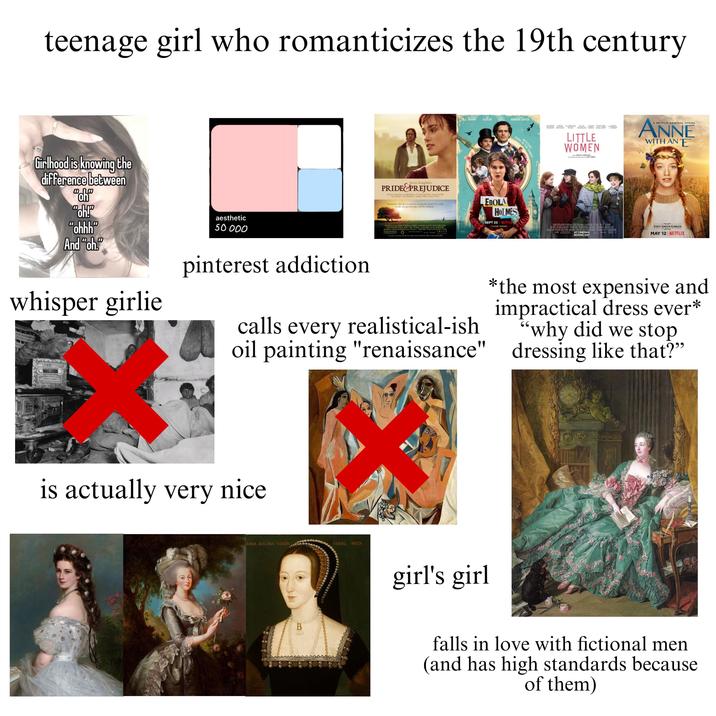 teenage girl who romanticizes the 19th century Girlhood is knowing the difference between BROWN CLAFLIN CAVILL BONHAM CARTER MYSTERY RUNS IN THE FAMILY SAOIRSE EMMA FLORENCE ELIZA LAURA TIMOTHÉE MERY RONAN WATSON PUGH SCANLEN DERN CHALAMET STREEP LITTLE WOMEN GRETA GERWIG THE WRITER AND CRECTOR OF LADY BIRD A NETFLIX ORIGINAL SERIES ANNE WITH AN E "oh" "oh!" "ohhh" And "oh whisper girlie aesthetic 50000 pinterest addiction Keira Knightley PRIDE PREJUDICE Matthew Mahon ends Boon Docald Sutherland Road Pe Ja Make Tom Hollander Tape Who Des Sometimes the last person on earth you want to be with is the one person you can't be without EnOLA HOLMES O FOCUS Amance we shoalefchier of Stand Sembley calls every realistical-ish oil painting "renaissance" SEPT 23 NETFLIX AT CINEMAS BOXING DAY HONY WILL VISIT GREEN GABLES MAY 12 NETFLIX *the most expensive and impractical dress ever* "why did we stop dressing like that?” is actually very nice ANNA BOLINA VXOR- HENRI B ОСТА girl's girl falls in love with fictional men (and has high standards because of them)
