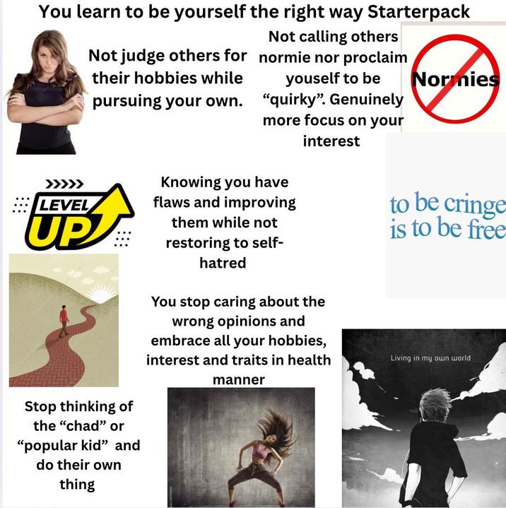 You learn to be yourself the right way Starterpack LEVEL Not judge others for their hobbies while pursuing your own. UP Not calling others normie nor proclaim youself to be Normies "quirky". Genuinely more focus on your interest Knowing you have flaws and improving them while not restoring to self- hatred You stop caring about the wrong opinions and embrace all your hobbies, interest and traits in health to be cringe is to be free Living in my own world Stop thinking of the "chad" or "popular kid" and do their own thing manner