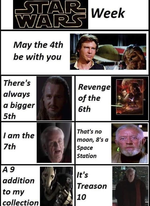STAR Week WARS May the 4th be with you There's Revenge always of the a bigger 5th 6th That's no I am the moon, 8's a 7th Space Station A 9 It's addition Treason to my collection 10