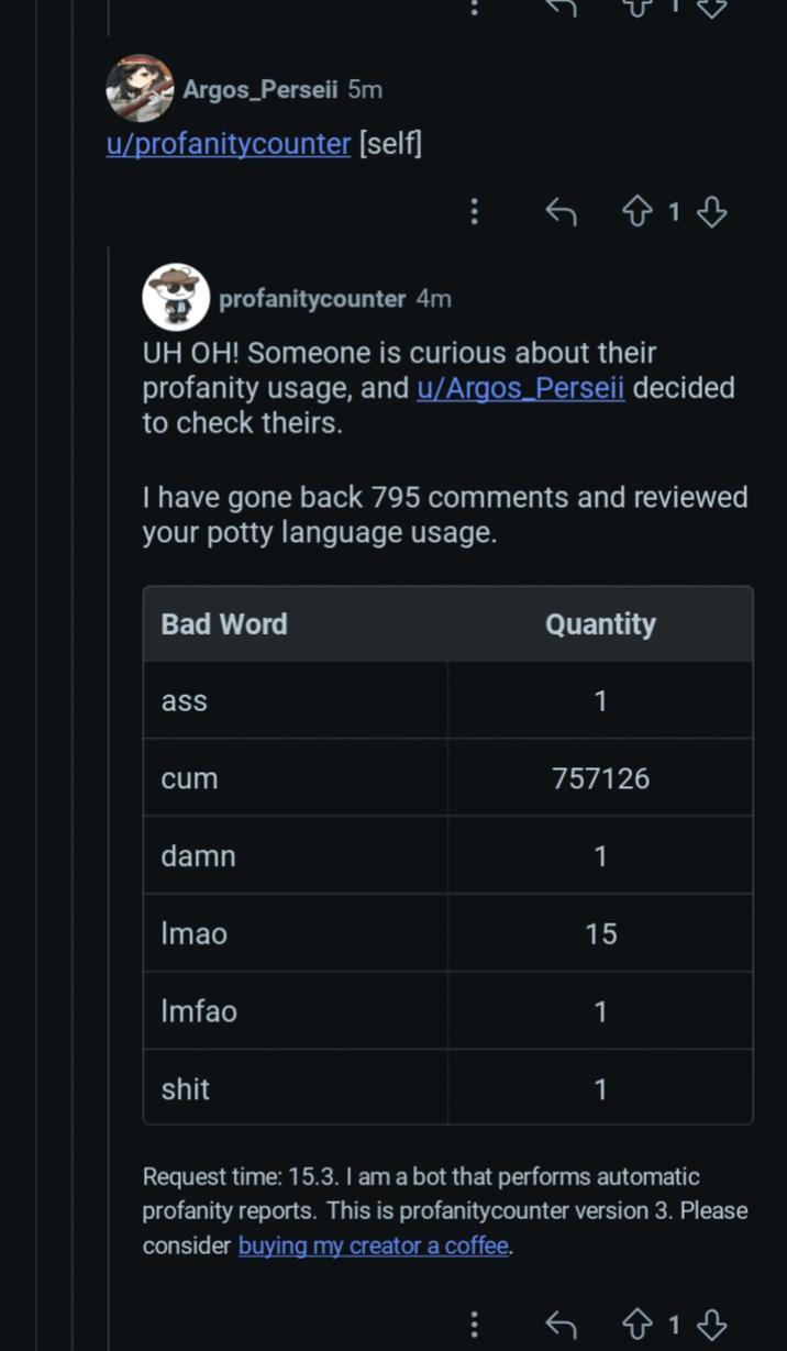 Argos_Perseii 5m u/profanitycounter [self] profanitycounter 4m UH OH! Someone is curious about their profanity usage, and u/Argos_Perseii decided to check theirs. I have gone back 795 comments and reviewed your potty language usage. Bad Word ass Quantity 1 c-- 757126 damn 1 Imao 15 Imfao 1 s--- 1 Request time: 15.3. I am a bot that performs automatic profanity reports. This is profanitycounter version 3. Please consider buying my creator a coffee.