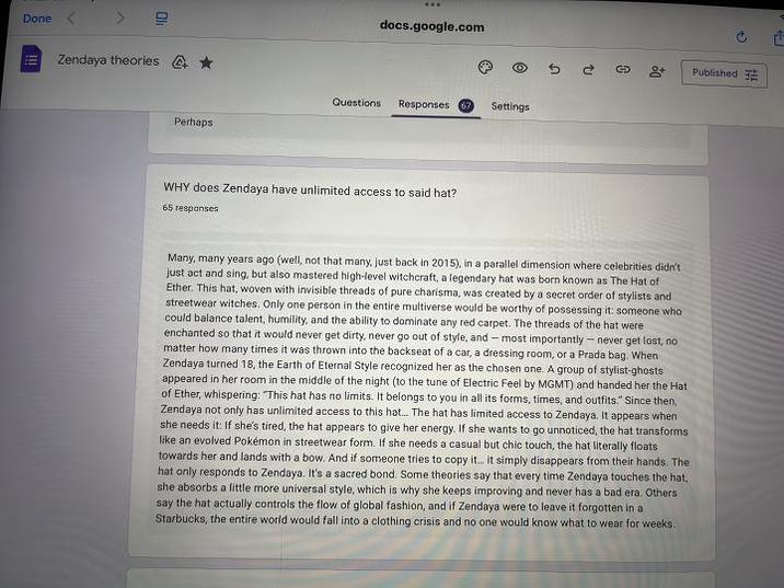 Zendaya Theory Doc A Google doc attempting to explain the Zendaya Theory. The doc was posted by the meme's creator.