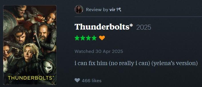 THUNDERBOLTS* Review by vir ?❤ Thunderbolts* 2025 Watched 30 Apr 2025 i can fix him (no really i can) (yelena's version) 466 likes