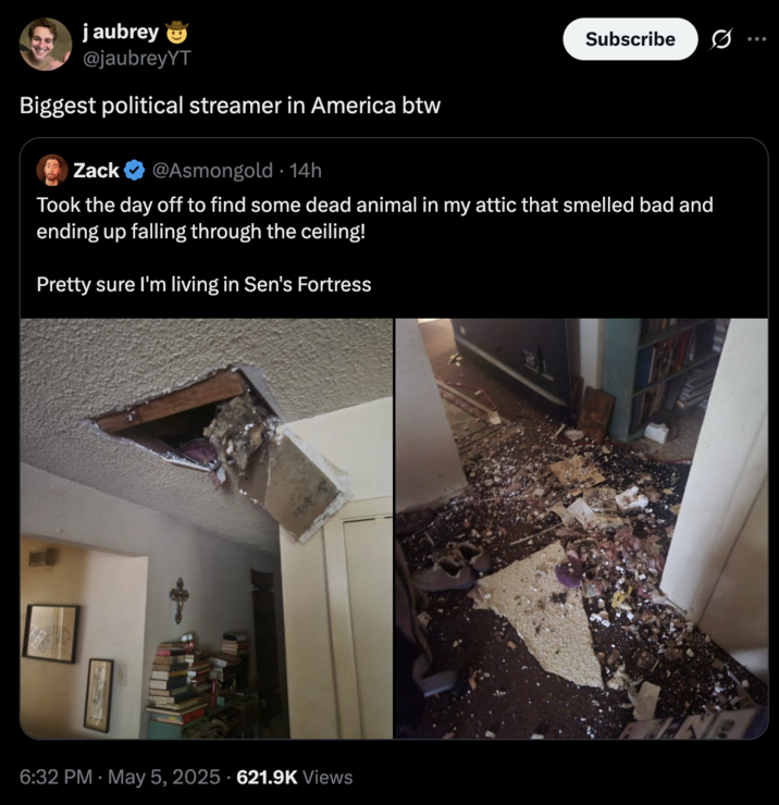 May 5th, 2025 tweet by @jaubreyYT A May 5th tweet by @jaubreyYT quoted the Amongold post and read, "Biggest political streamer in America btw," gathering over 25,000 likes in a day.